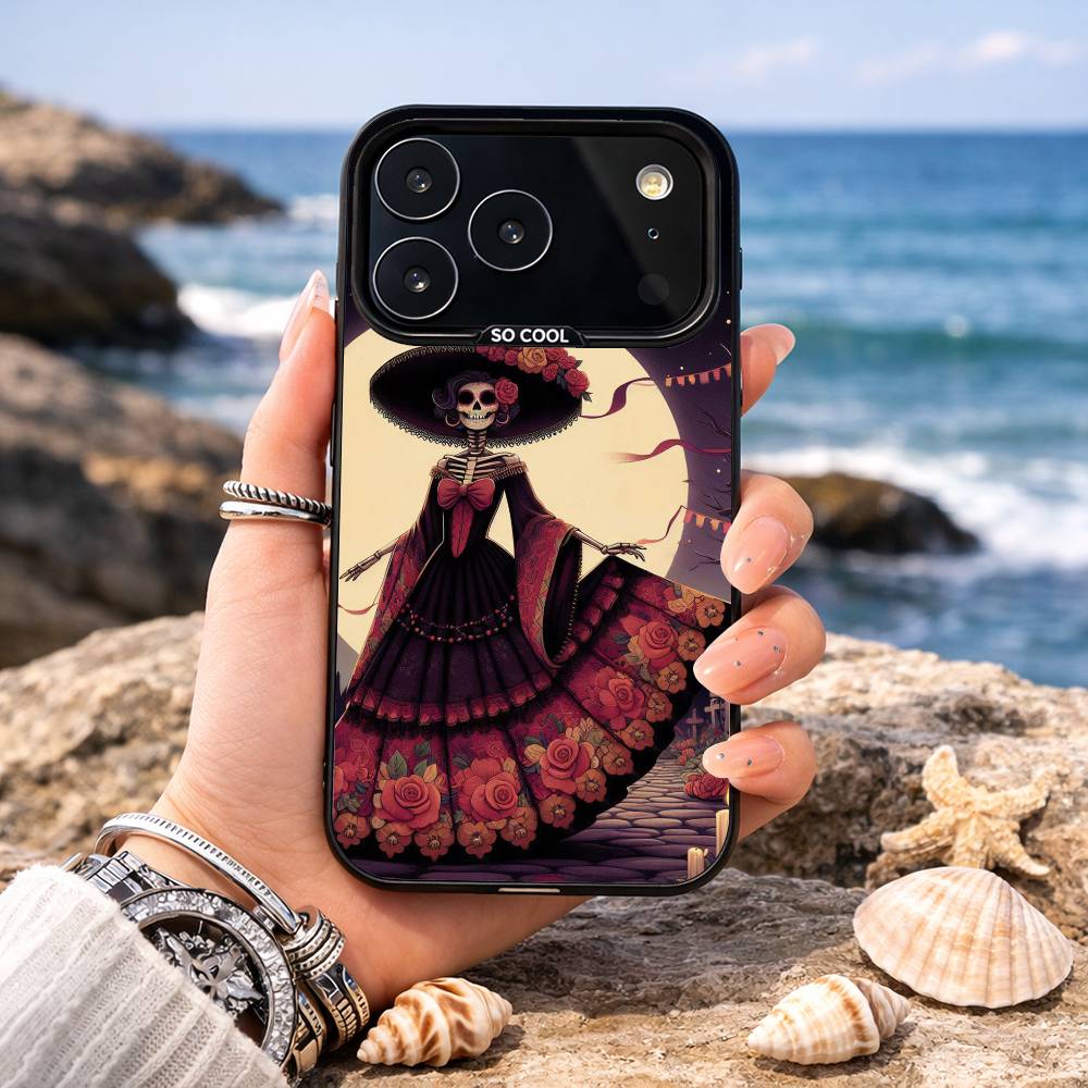 Day of the Dead Mexican Catrina Skull Phone Case For iPhone17 16 15 14 13 12Pro Max Grey Black Matte Laser Metallic Aurora Funda