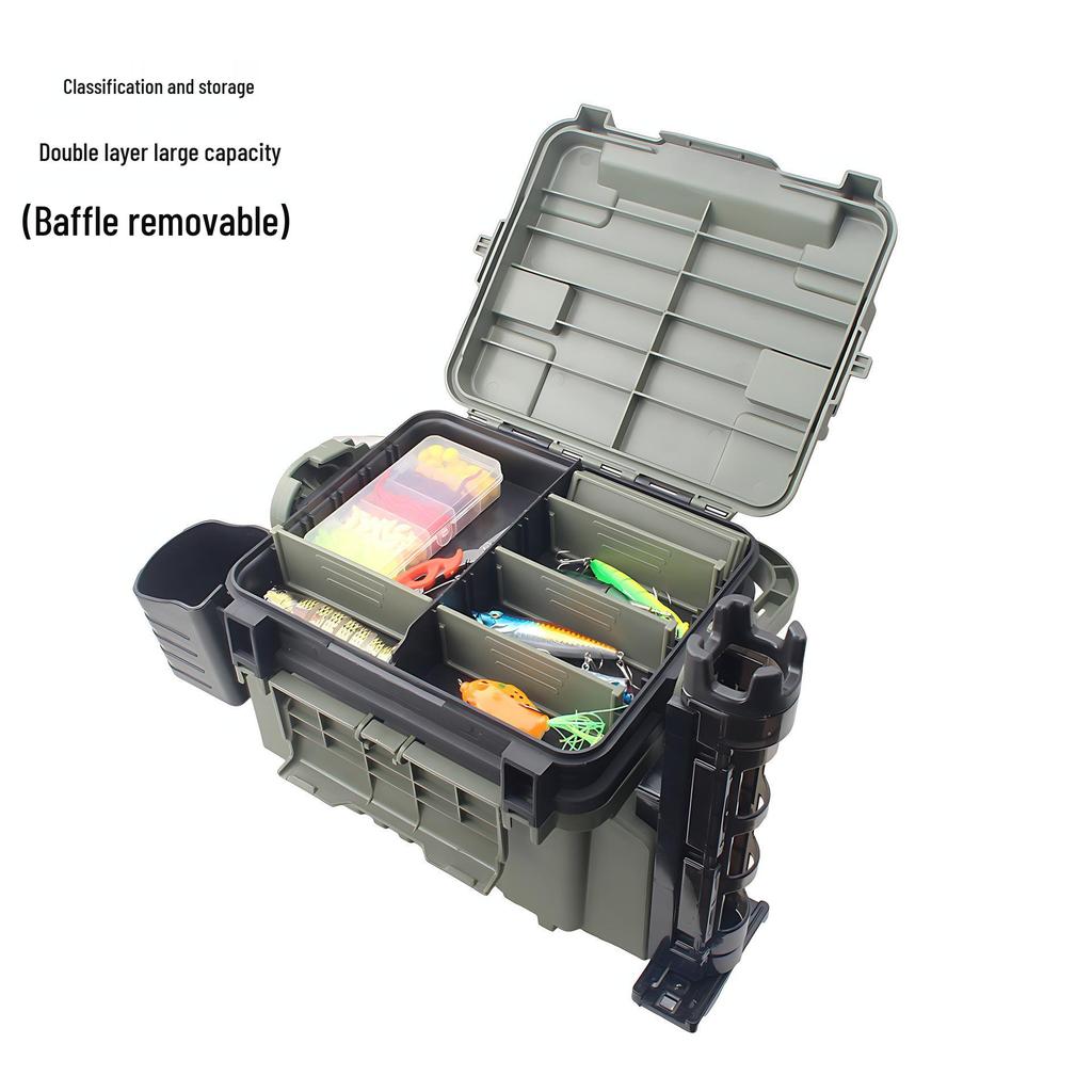 Fishing Tackle Box Set: Includes Large Capacity Storage Box, Rod Holder, Cup Holder, and Lure Storage.