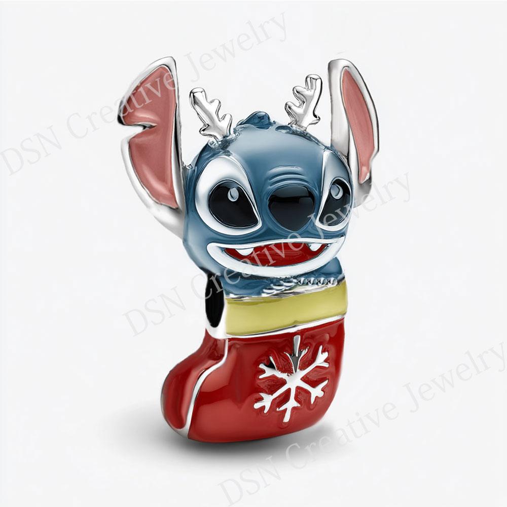 Серебряный шарм-бусина S925 Дисней Стич Красные Носочки - Аксессуары для DIY Рождественских Украшений белый