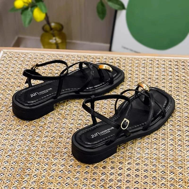 Heeled Sandals Shoes Women's Black Beach New Summer 2025 Girls Low Comfort Sports Casual Solid