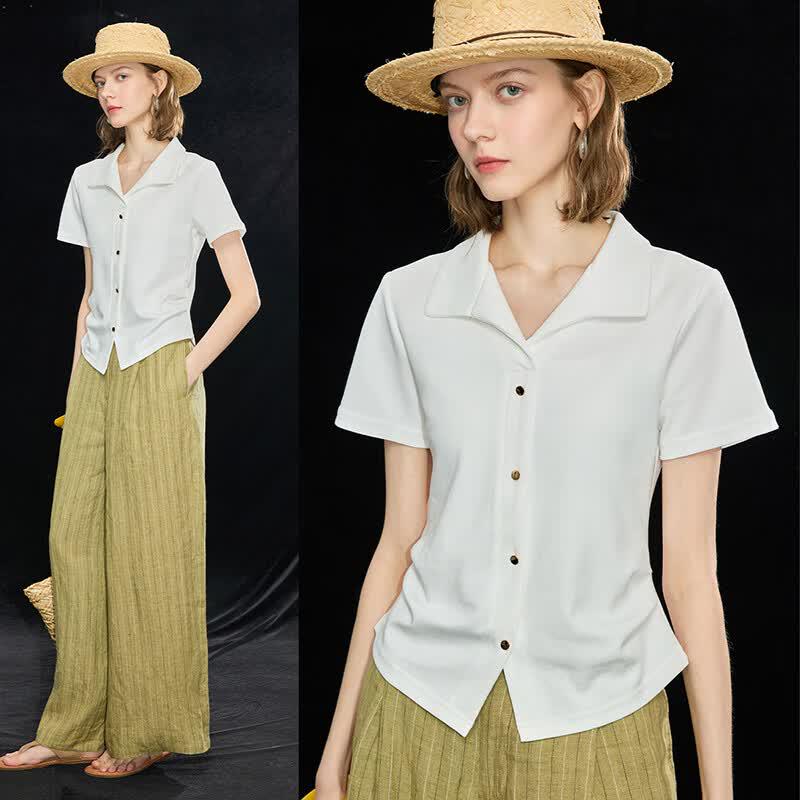 Wudao French Pleated Lapel Short-Sleeve T-Shirt XL