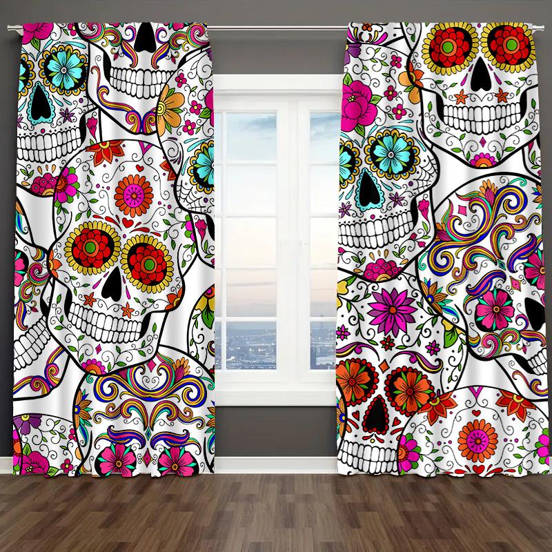 2PCS Digital Print Curtains, Halloween Skull, Halloween Door Decor
