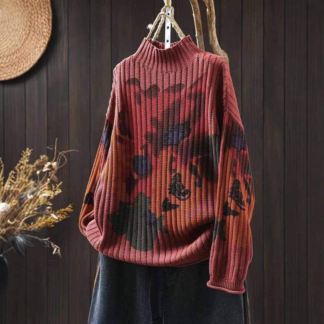 Шикарный вязаный топ с цветочным принтом для женщин хорошее качество свободный повседневный с длинным рукавом полуворотник женский удобный One Size 3460₽