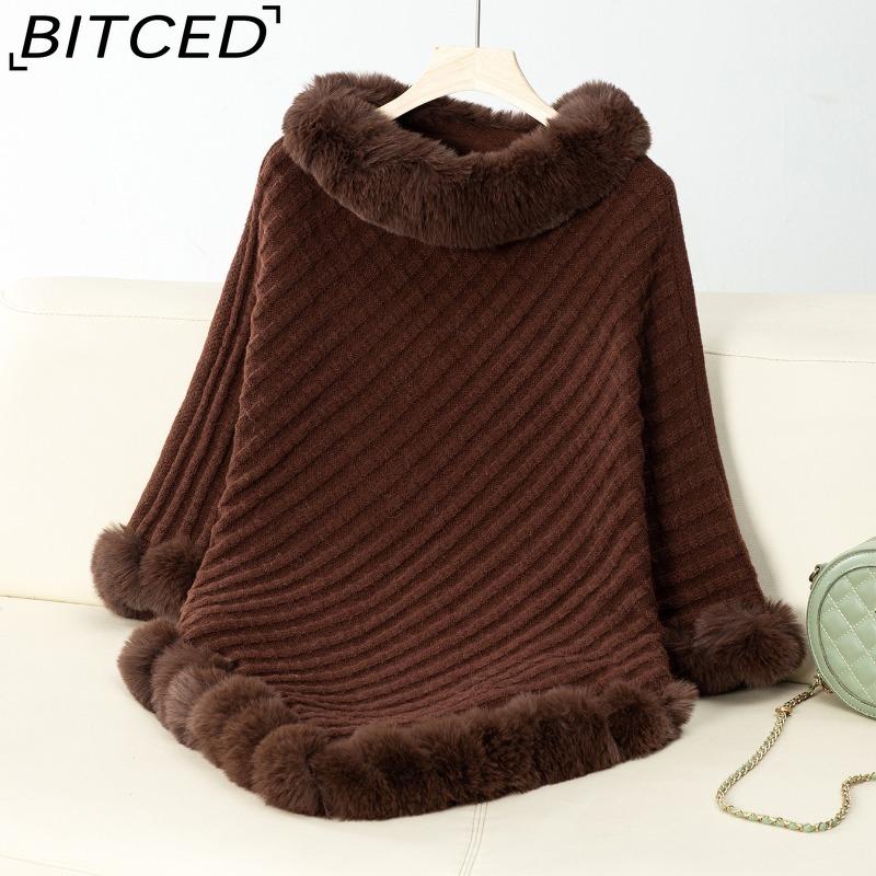 BITCED Solid Colour Wool-Trimmed Pullover for Women Autumn/Winter Thick Vintage Check Knitted Cape Shawl