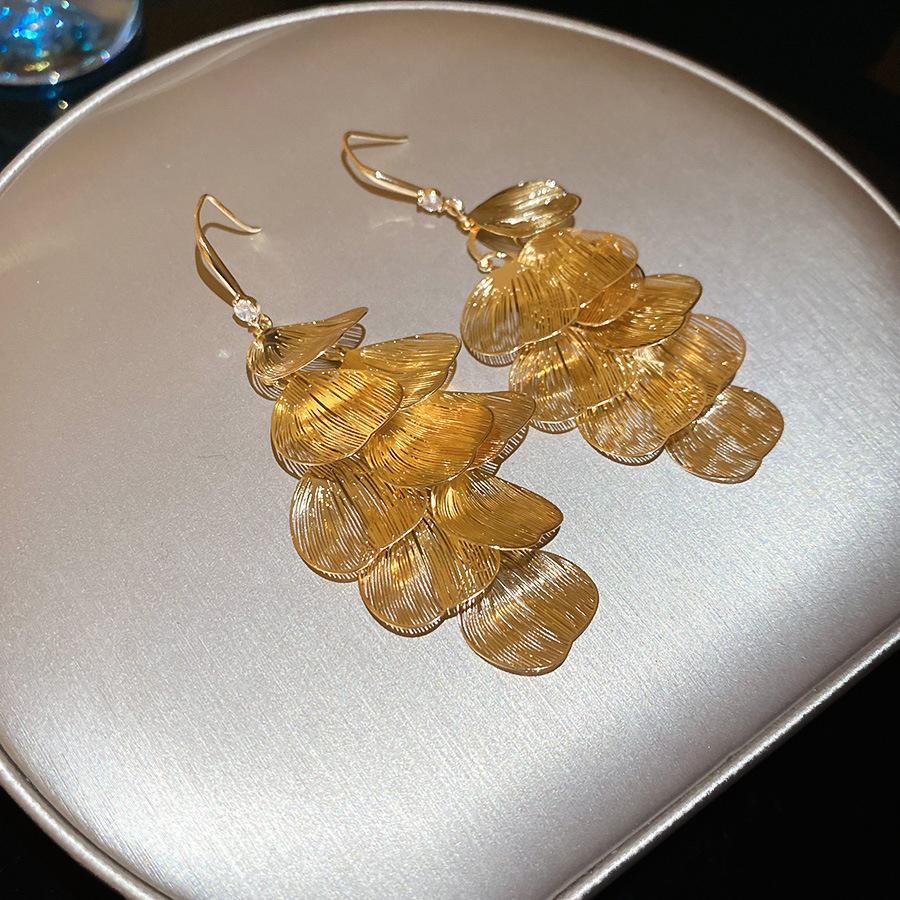 

European and American Hollow-out Petal Tassel Metal Earrings, Retro Fashionable Earrings with Artistic Design, Unique Ear Hooks
