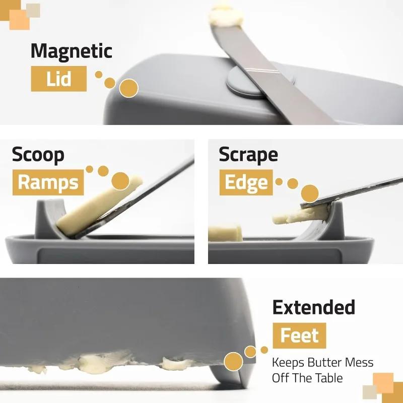 Butter Dish with Lid and Knife, Magnetic Butter Saver, Easy To Scoop, No Mess Lid, Plastic Butter Box, Dishwasher Safe
