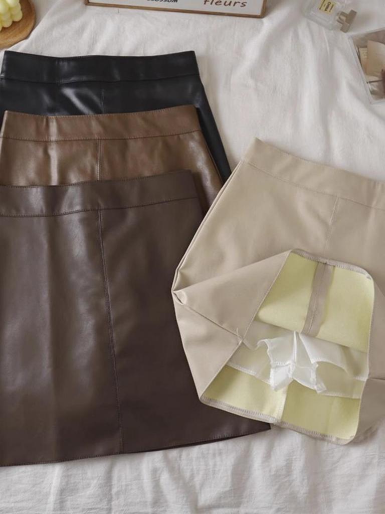 Autumn/Winter 2023 Women's PU Leather A-Line Skirt - High Waist, Slim Fit, Knee-Length, Casual Korean Style