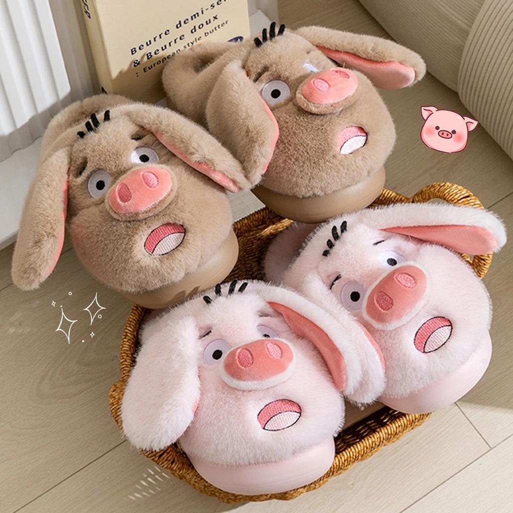 Cartoon Velvet Cute Pig Head Cotton Slippers 2025 Autumn and Winter New Warm Thick Bottom Non-slip Fluffy Cotton Slippers