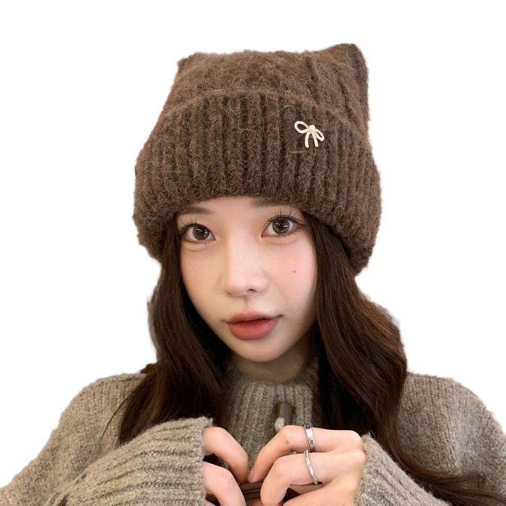 Solid Color Cat Ears Pullover Hat Japanese Style Women Beanie Hat Autumn Winter