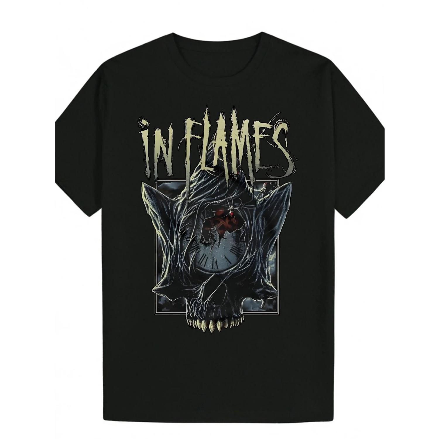 

Men s Gothic Style Skull Vine Printed T-shirt with IN FLAMES Lettering - Concert Daily Wear Streetwear Top S чёрный