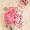 Herbst 2026 Baby Mädchen Langarm-Body, Hose mit Schleife und Blumenmuster & Stirnband Set