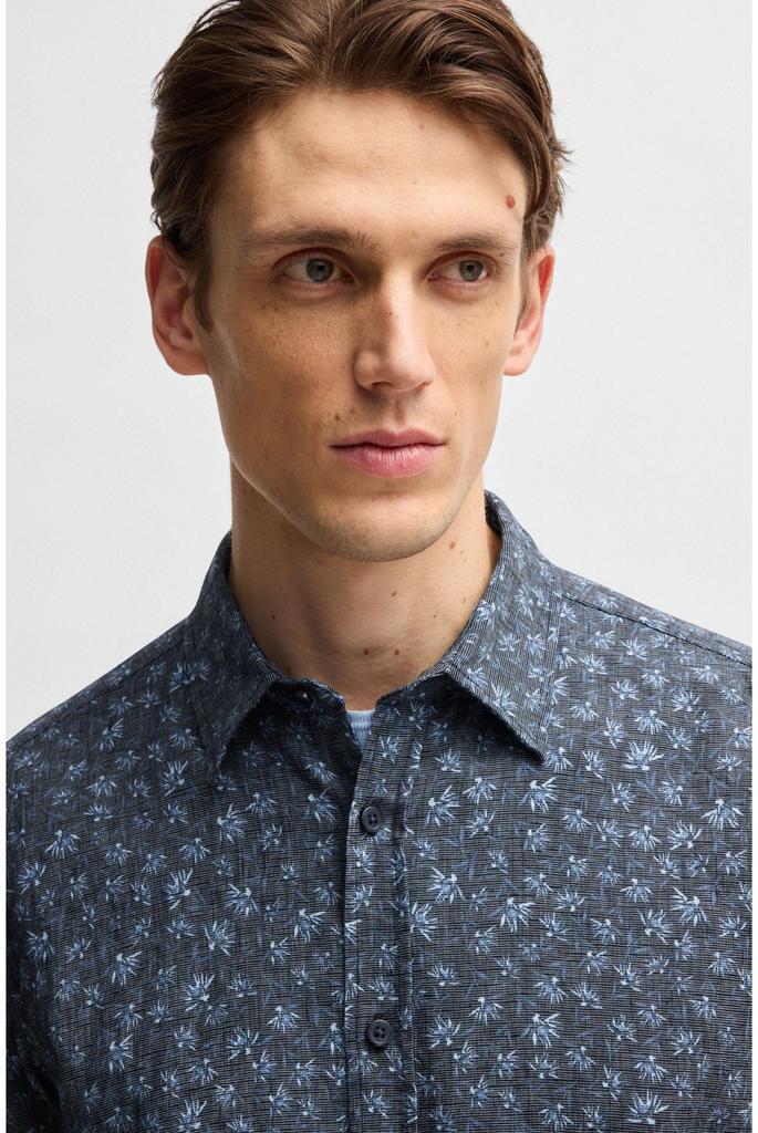 BOSS Schmal geschnittenes Blumenprint Stretch-Leinen Dunkel Größe L Herrenhemd, Blau,