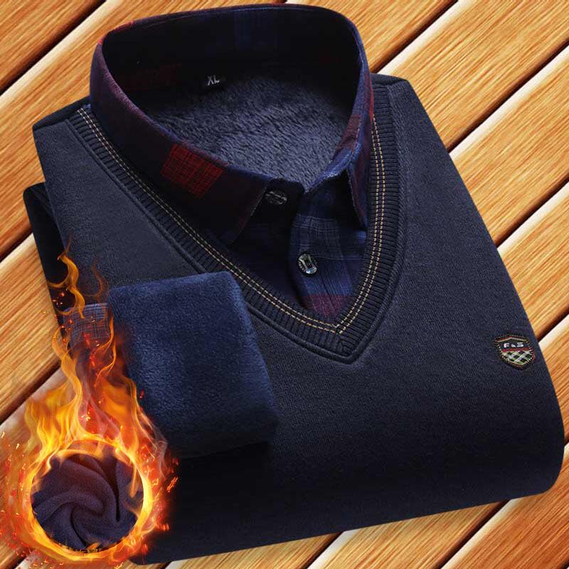 Men's Autumn/Winter Knit Sweater with Fake Two-Piece Shirt Collar - Plus Velvet, Middle-Aged & Young Styles.