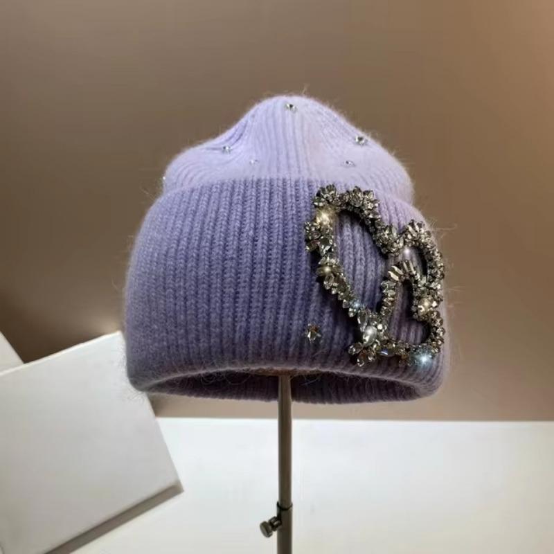 False Rabbit Fur Women's Knitted Hat Luxury Rhinestones Heart Pattern Winter Beanie Designer Hats Lady Warm Walking Bonnet Beanie