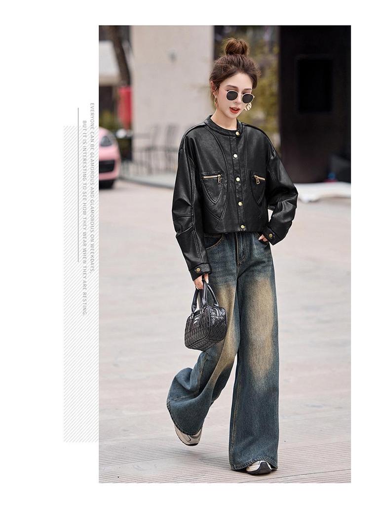 Women's 2025 Sheepskin Leather Jacket: Short, Round Neck, Petite Versatile, Trendy Coat