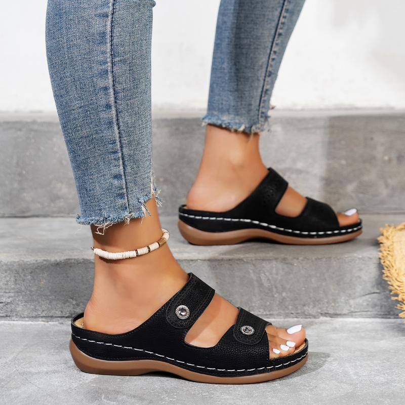 Women's Slippers 2024 Summer New Retro Wedge Rivets Leather Open Toe Walking Beach Flip Flops Non-slip Round Toe Outdoor Slides