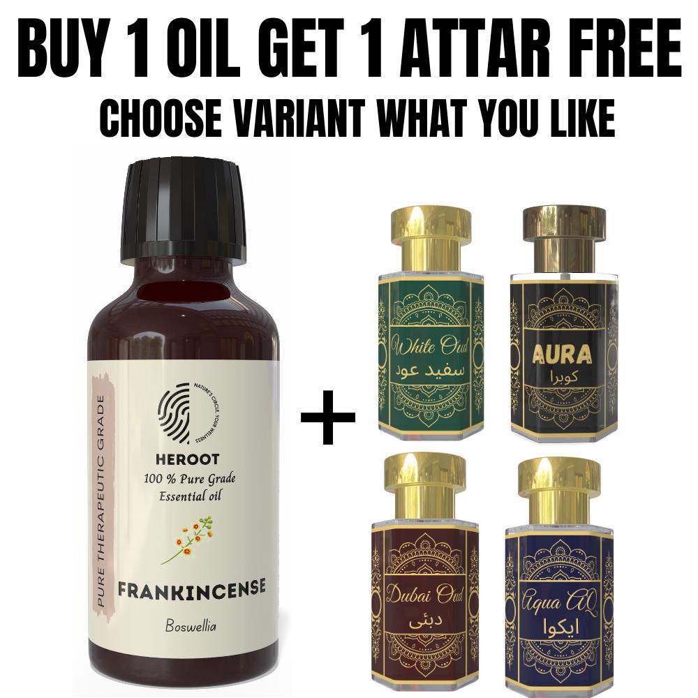 Frankincense Essential Oil 10ml for Aromatherapy & Home Fragrance Get 1 Free 6 Ml Attar – Aqua AQ, Dubai Oud, Aura, White Oud
