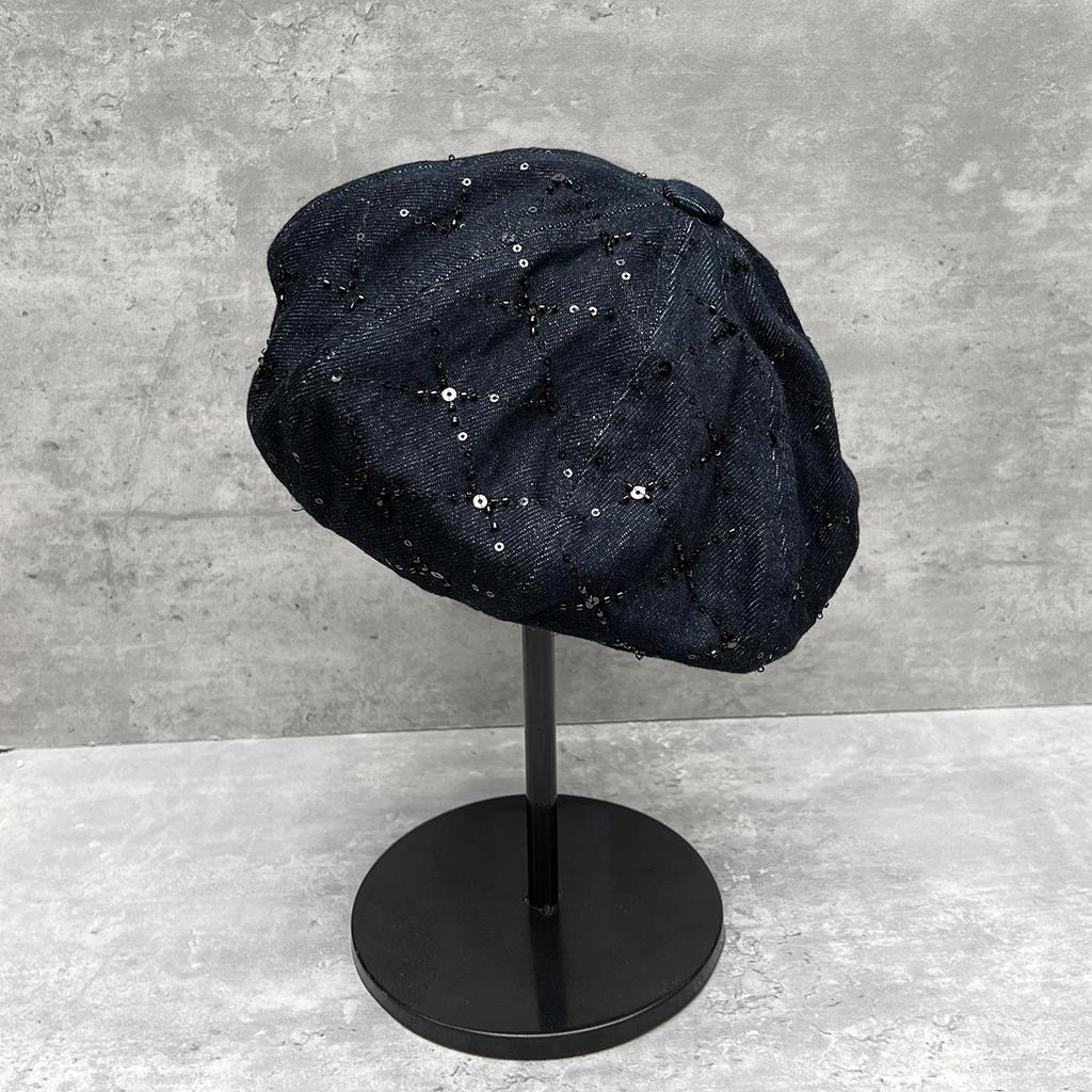 25 Stylish Small V-Face High Quality Plaid Sequins Washed Denim Octagonal Hat Women'S Street Beret