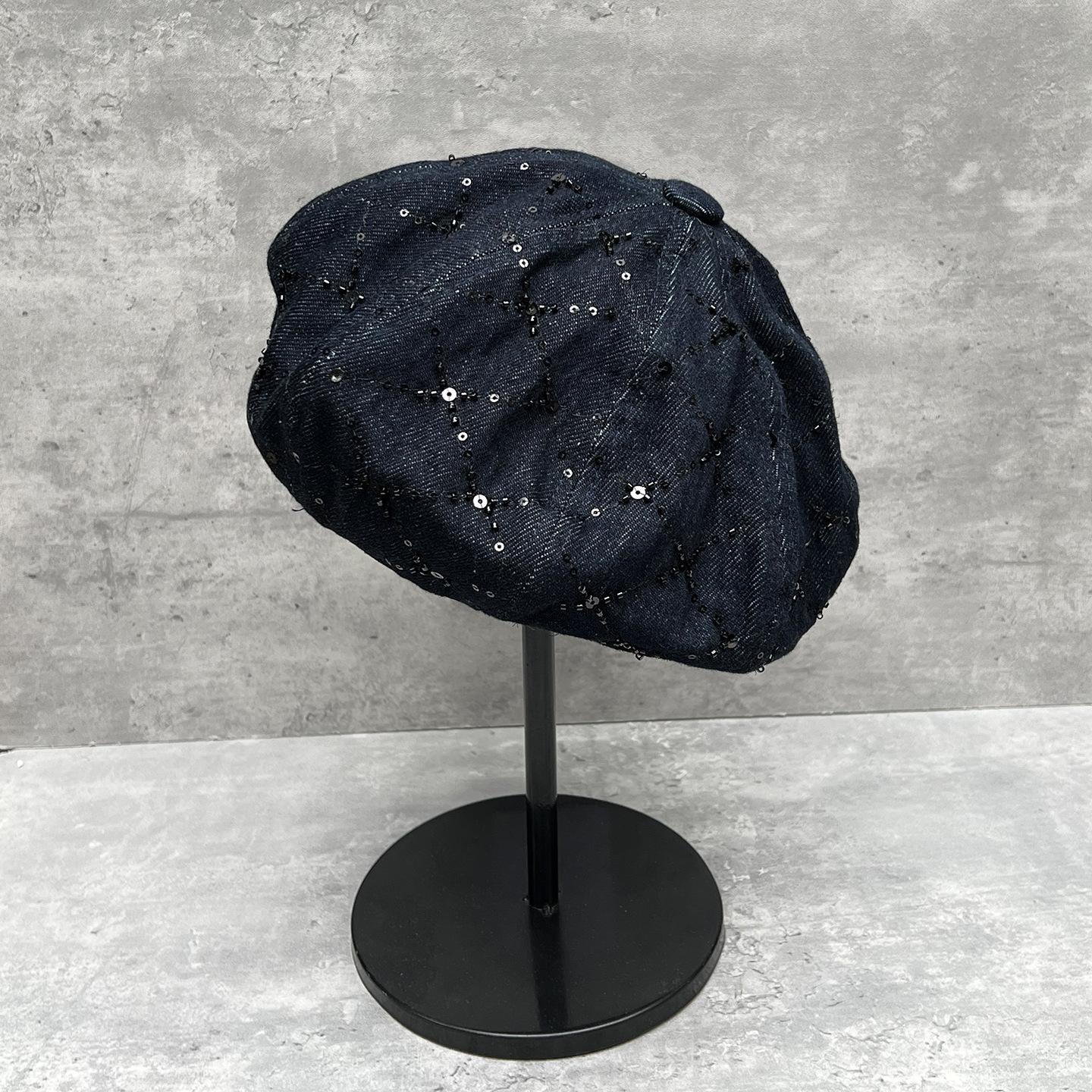 

25 Stylish Small V-Face High Quality Plaid Sequins Washed Denim Octagonal Hat Women S Street Beret M（56-58cm）