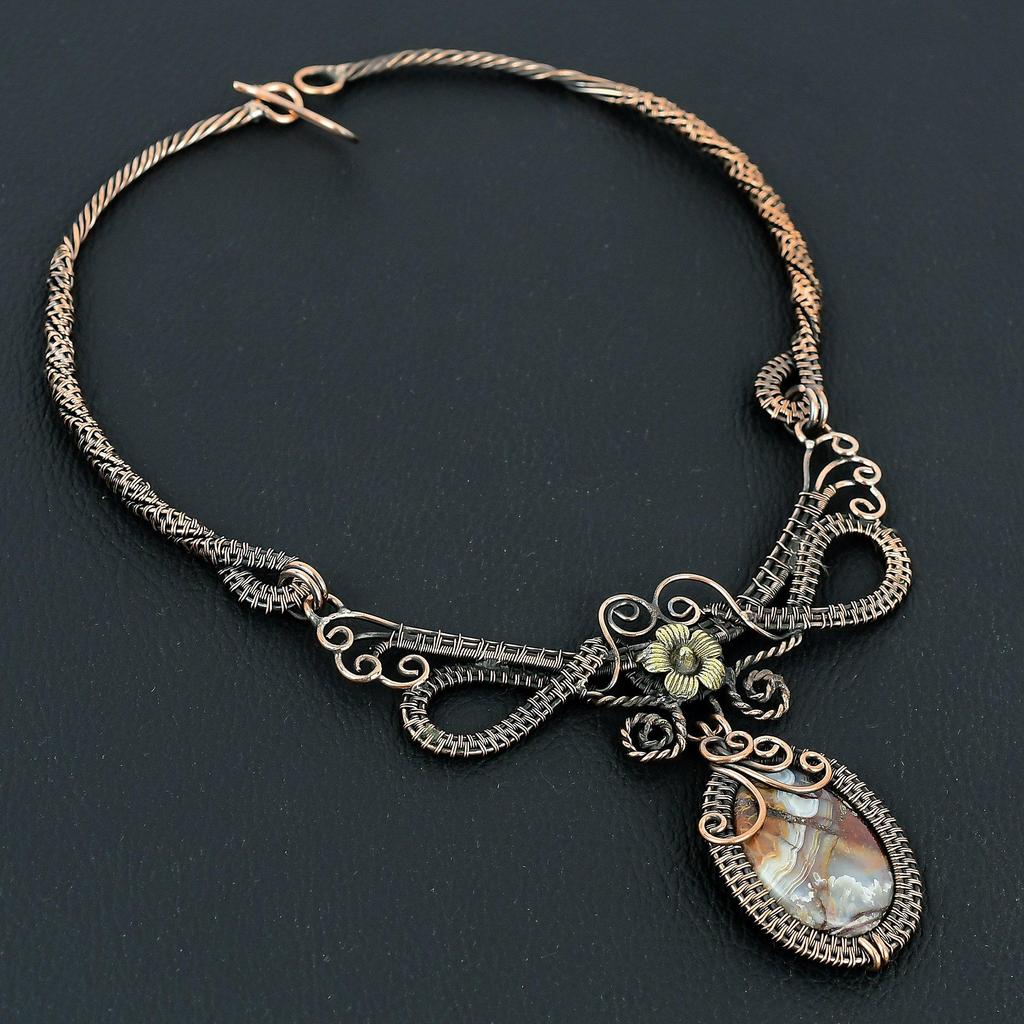 Crazy Lace Agate Handmade Gemstone Necklace, 999 Copper Wire Wrapped Necklace Antique Jewelry, For Engagement Gift