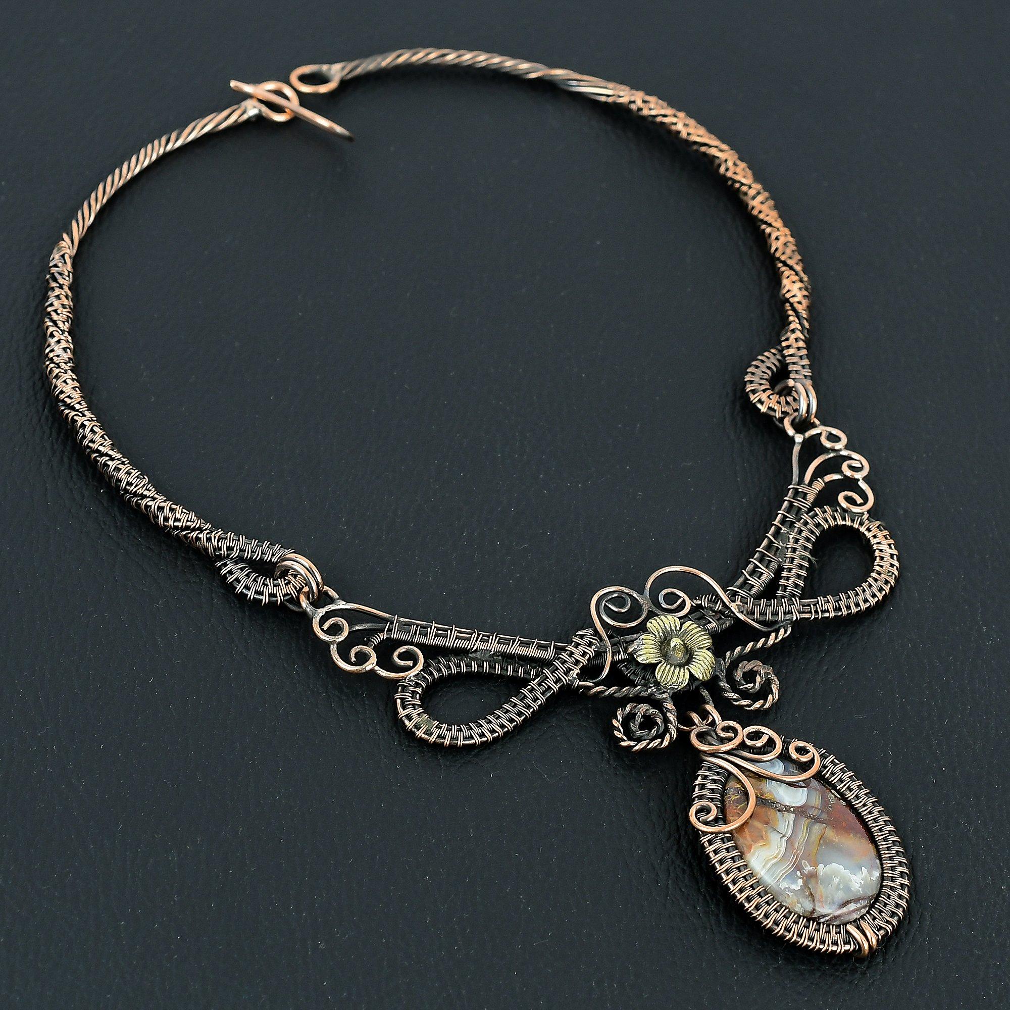 

Crazy Lace Agate Handmade Gemstone Necklace, 999 Copper Wire Wrapped Necklace Antique Jewelry, For Engagement Gift