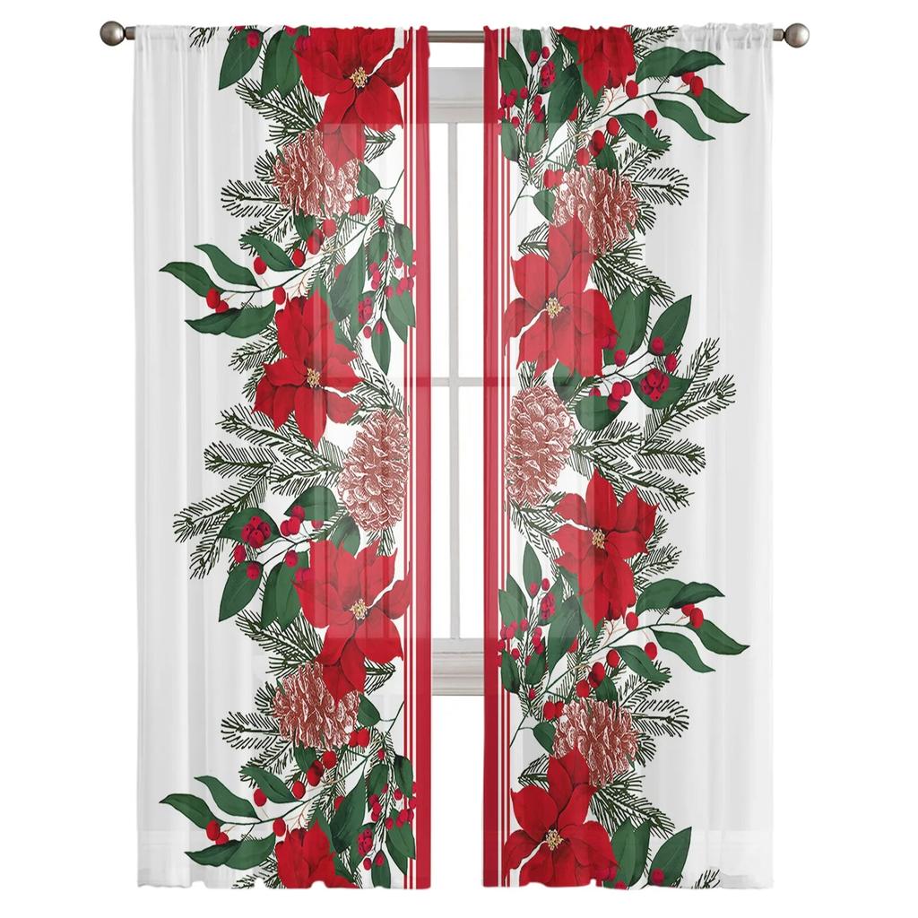 Bożonarodzeniowa Gwiazda Betlejemska Sosnowe Gałązki Przezroczyste Zasłony do Salonu Sypialni Tiulowa Zasłona do Kuchni Zasłona Woalowa Panele Roletowe