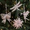 Plastic Glitter Pink Christmas Ornament Snowflake Candy Bell Decoration Dragonfly Bow Plastic Snowflake Ornament Holiday