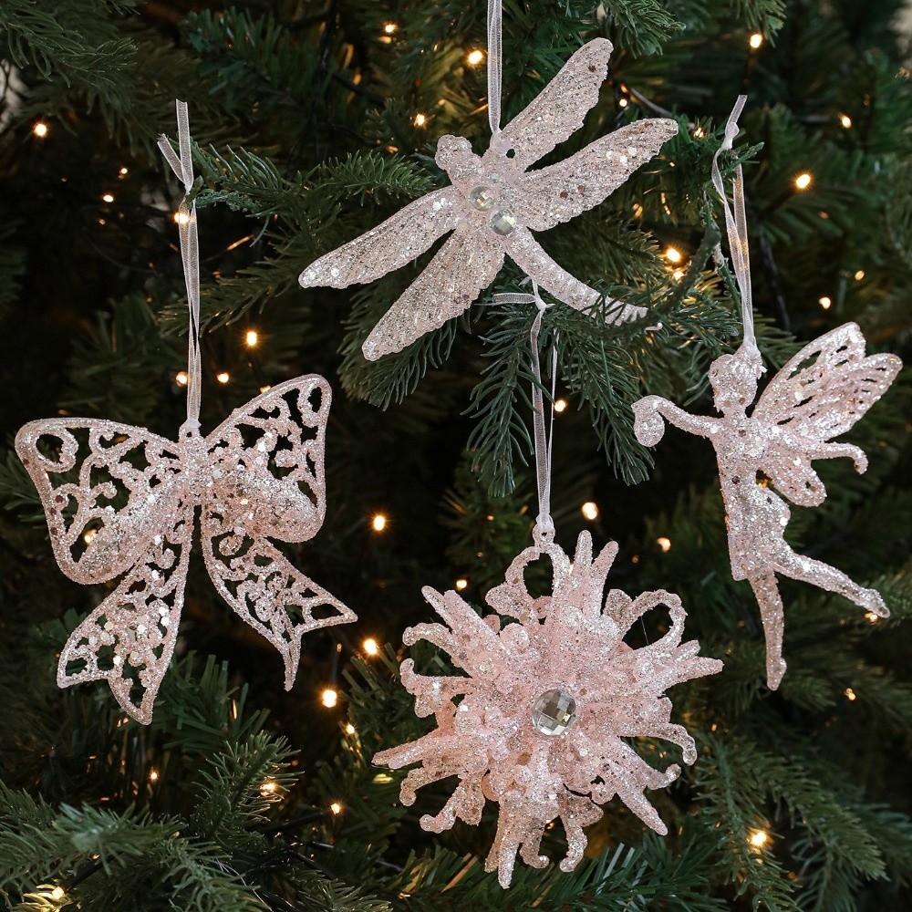Glitter Plastic Pink Christmas Ornament Angel Candy Christmas Tree Decoration Dragonfly Bow Plastic Snowflake Ornament
