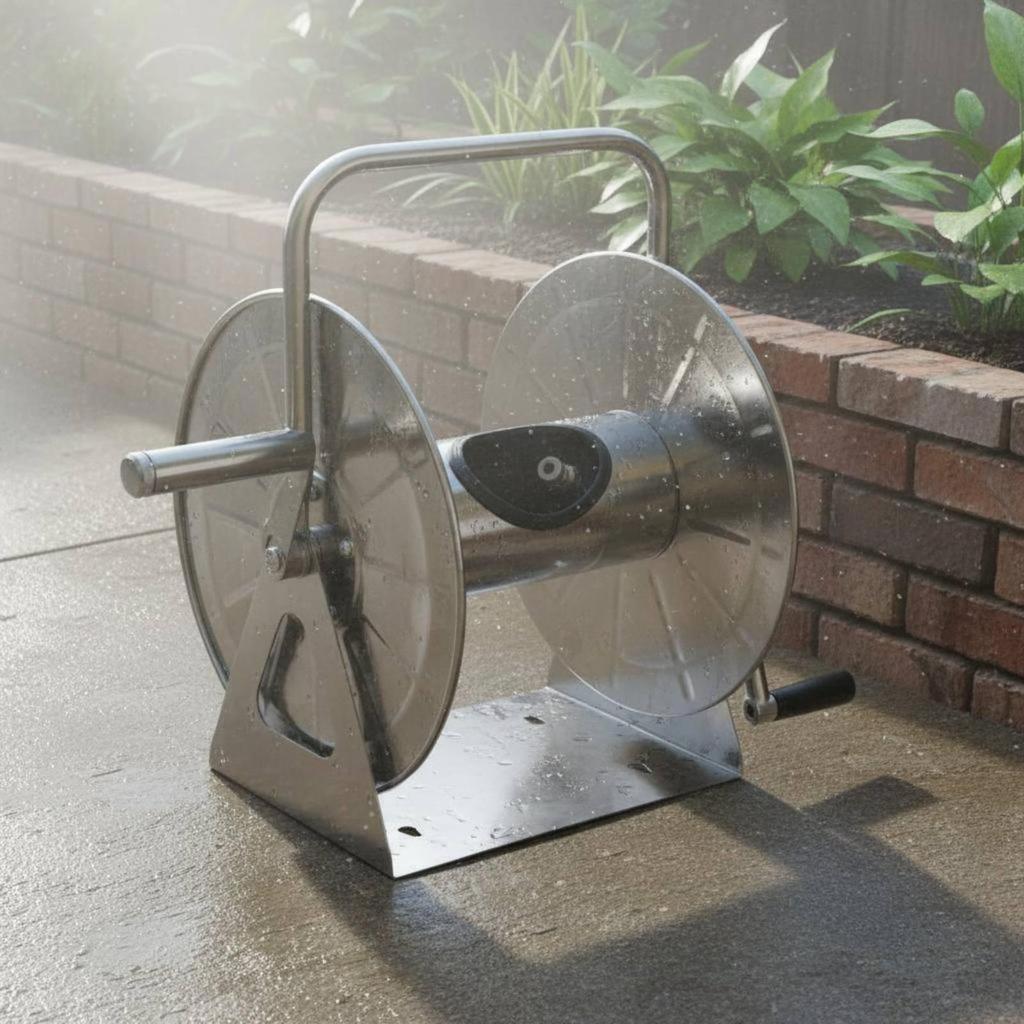 Stainless Metal Hose Reel Large Capacity Effortless Cart Winding for