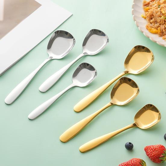 Stainless Steel Square Head Soup Spoon Flat Bottom Anti-Spill Soup Ladle Thickened Ergonomic Handle Serving Utensil for Pasta Salad