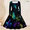 Women Plus Size Square Neck Long Sleeve Colorful Printed A Line Dress With Belt