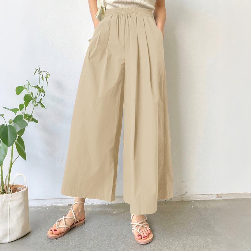 ZANZEA Women Casual Elastic Waist Loose Wide Leg Cropped Pants