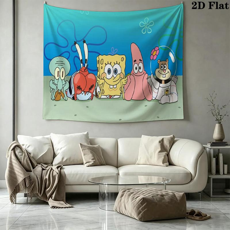 Cartoon Spongebob Wall Tapestry Aesthetic Wall Hanging Printed Fabric Blanket Decorative Tapestries for Bedroom Living Room Home Decor