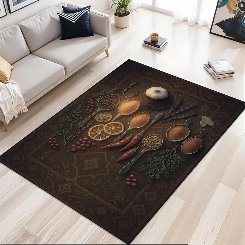 Gewürzküchenteppich Kräuterthema Matte Rustikaler Küchenteppich, Dunkler Kochteppich Küchenmatte Bauernhaus Bodenteppich Gemütliche Küchenteppiche