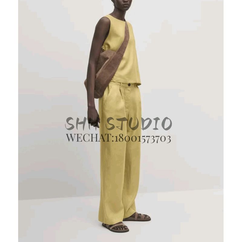 MD Spring New Women's Leisure Commute Draping Effect Plaid Linen Blended Straight-Leg Wide-Leg Pants 5072770