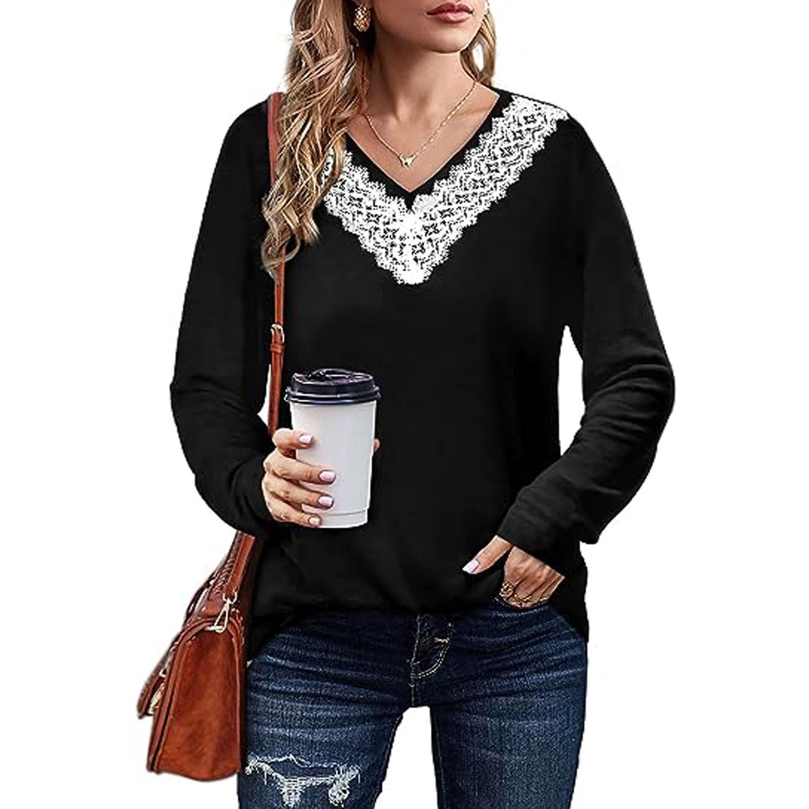 

Женская осенне-зимняя новая однотонная кружевная свободная футболка с v-образным вырезом и длинными рукавами, топ L чёрный