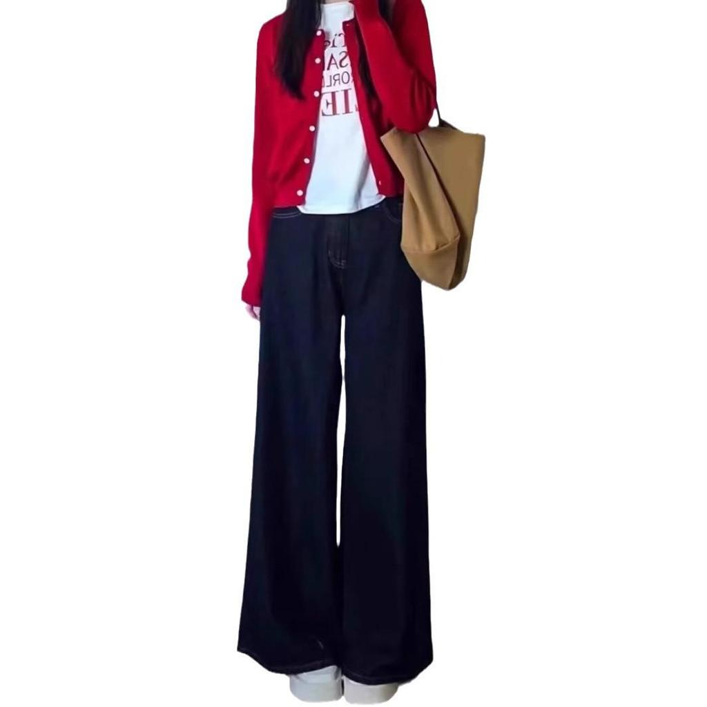 Women's Dark Blue Winter Plus Size Velvet-Enhanced Straight Leg Jeans - Slimming Wide-Leg Fit