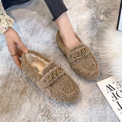 Women Shearling Flats Furry Lambswool Mocasines Mujer Warm Cotton Shoes Ladies Slip On Sheep Fur Lined Loafers Winter