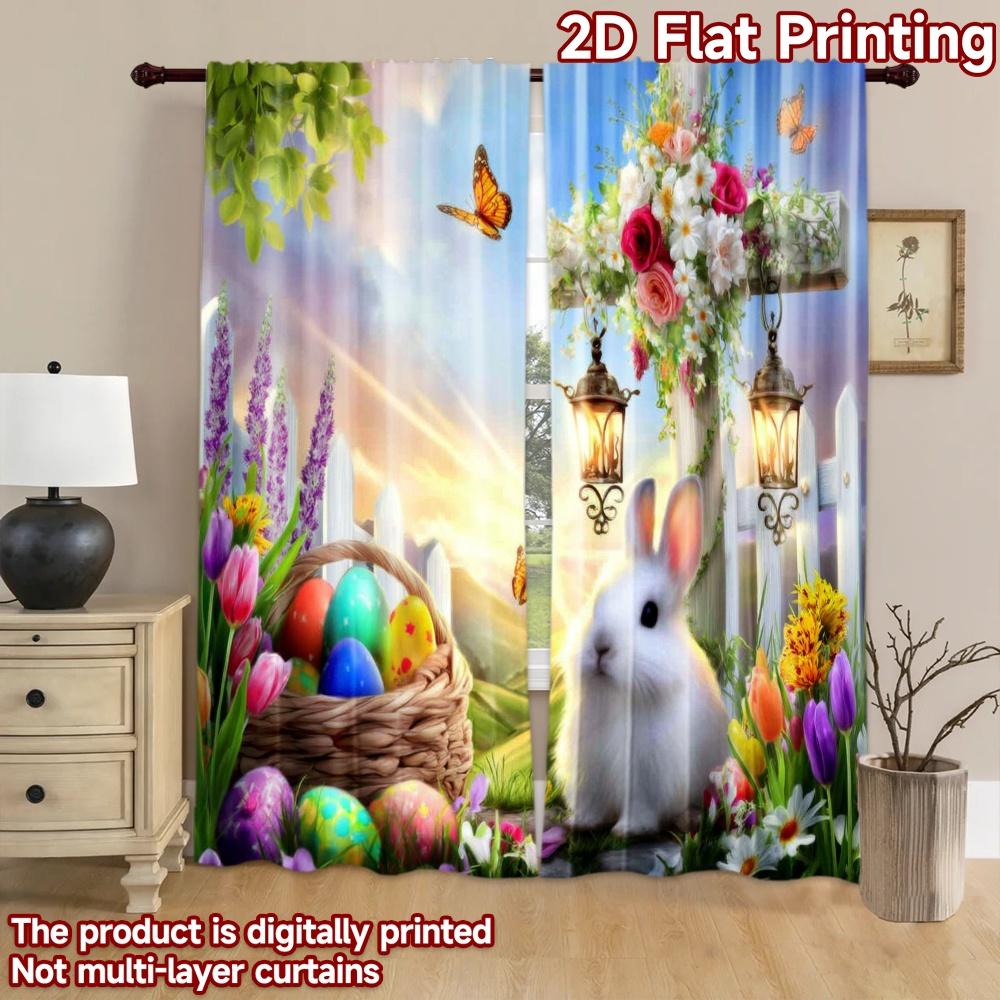 2D flat printing 2pcs Window Curtains Easter Bunny Cross Flowers Digital Printed Polyester Drapes Birthday Party Use for New