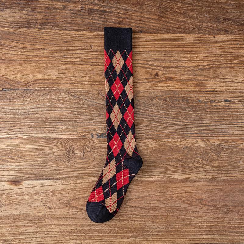 Vintage British Style Jk Calf Socks Women's Season Thickened Stockings Cotton Socks High Tube College Wind Rhombus Lattice Medium Tube Socks