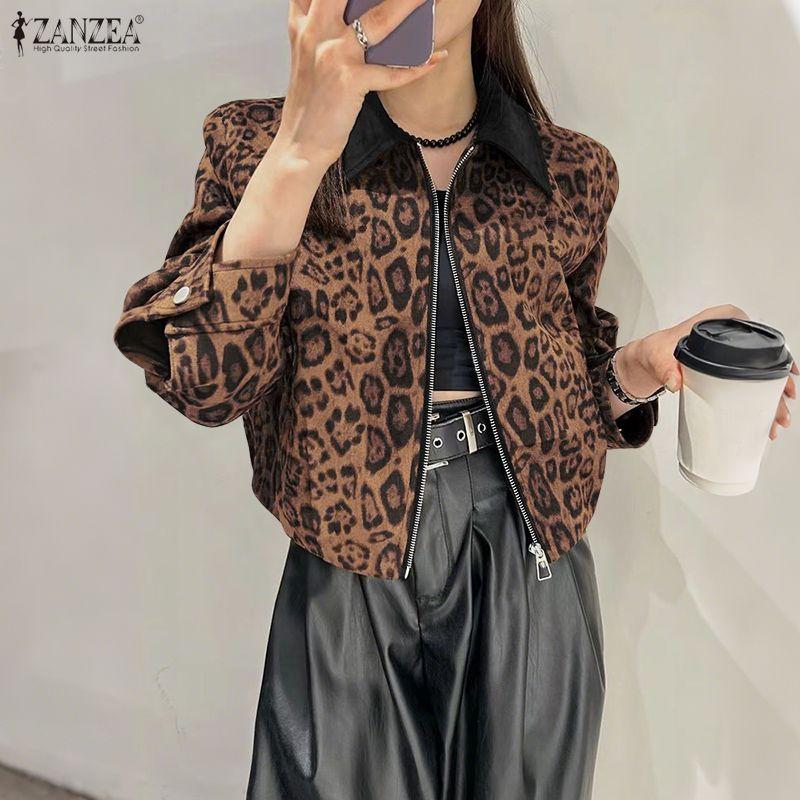 ZANZEA Damen Lässige Langarm Reißverschluss Leopardenmuster Dünne Jacken