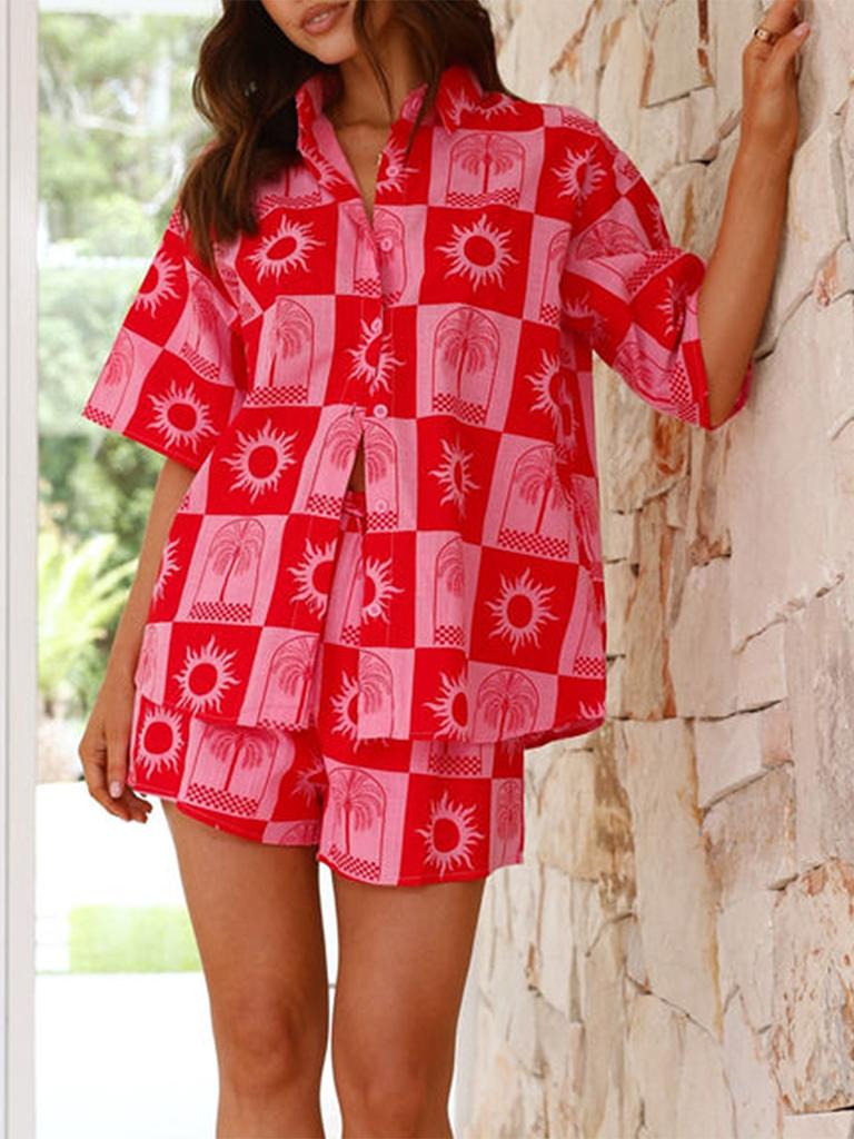 Casual Loose Women's Lapel Neck Short Sleeve Button Down Shirt Elastic Waist Shorts 2 Piece Summer Holiday Set