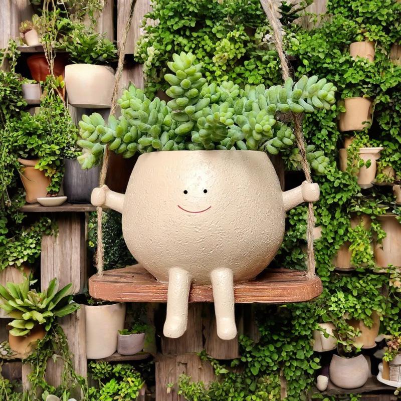 Cute Smiley Face Swing Succulent Pot – Creative Hanging Hydroponic Planter for Balcony Decoration