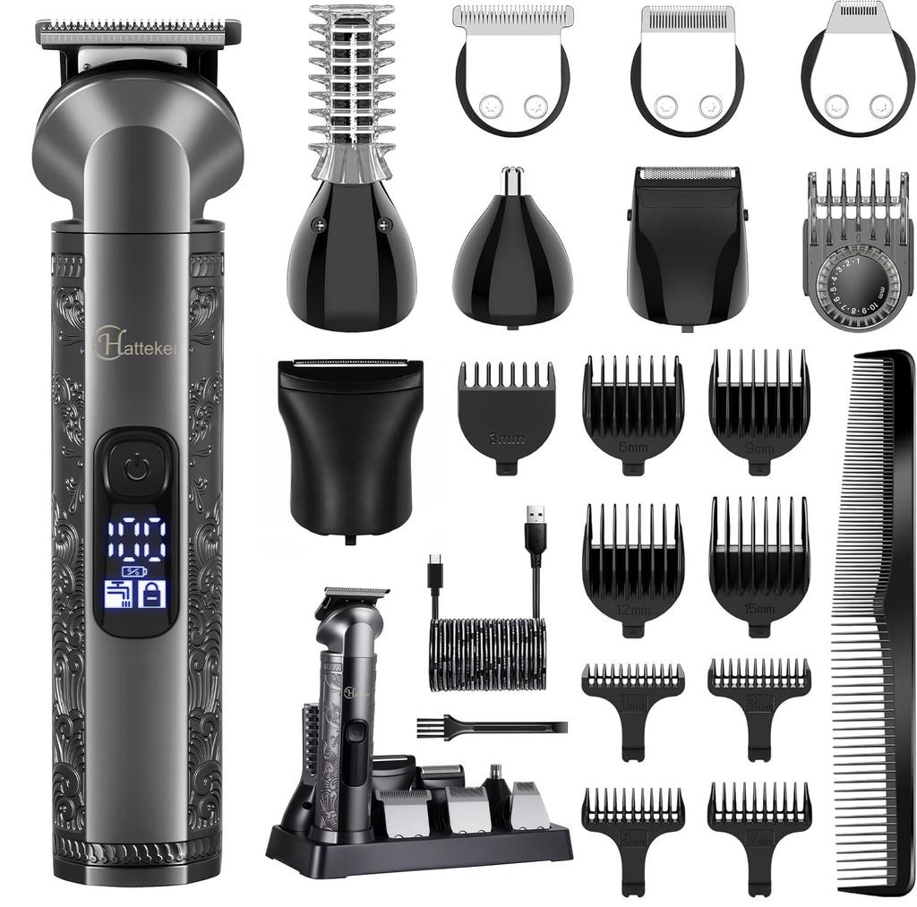 Hatteker 8-in-1 Hair Trimmer Set Multi-Function Men's Retro Hair Clipper Electric Shaver Nose