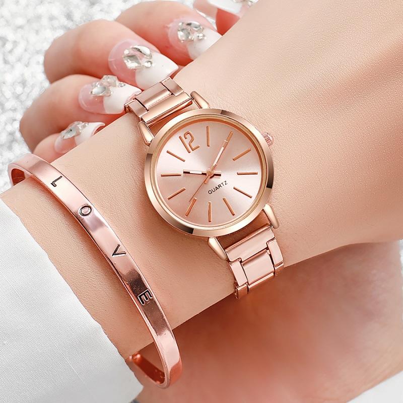 2PCS Set Fashion Luxury Women s Watch Gold Fine Strap Ladies Watch For Bracelet Montre Femme Female Wrist Watch Women Clock ярко-розовый