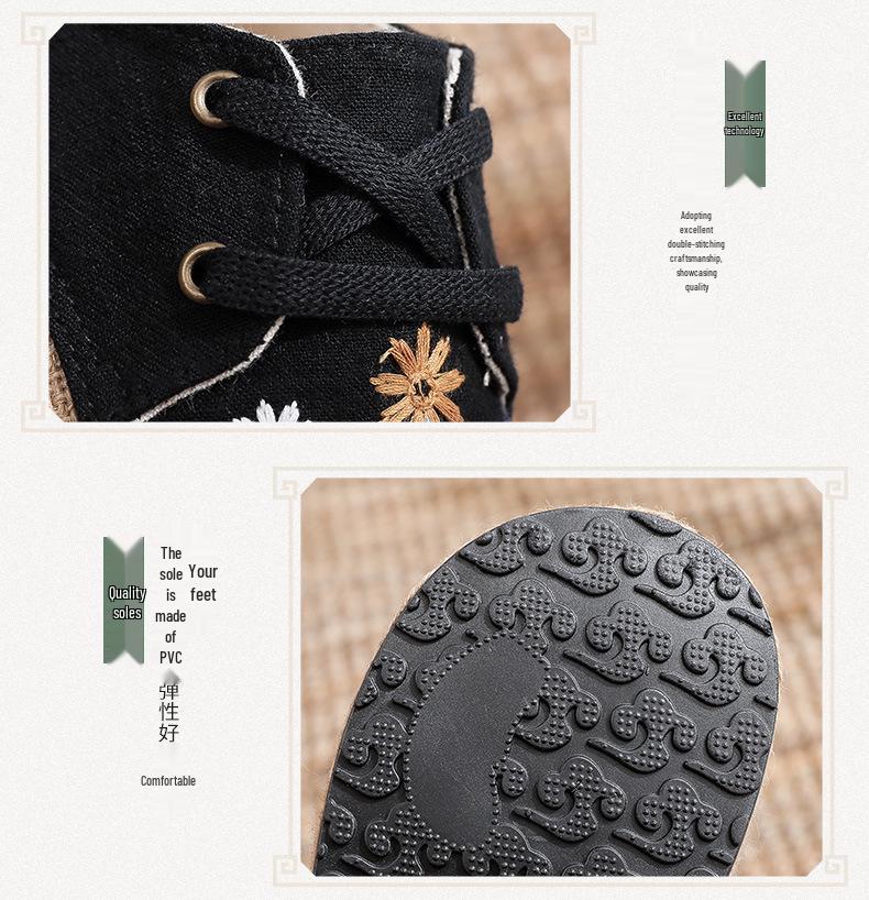 2025 Damskie lniane buty sznurowane w stylu etnicznym z haftem dmuchawca i ręcznie szytą cholewką