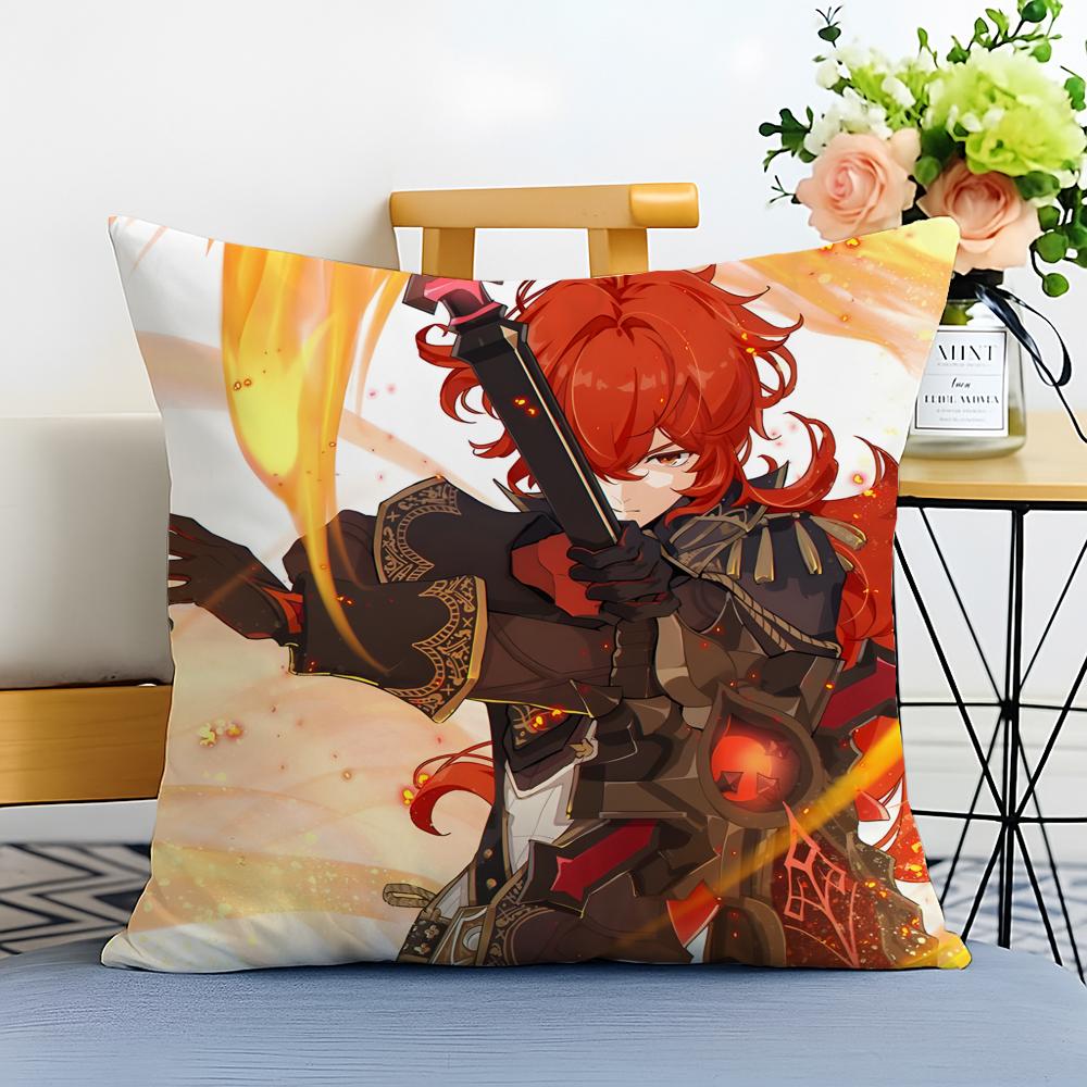 Game Genshin Diluc Cushion Cover Washable Linen Pillowcase Soft For Sofa Bed Cozy Home Room Decor