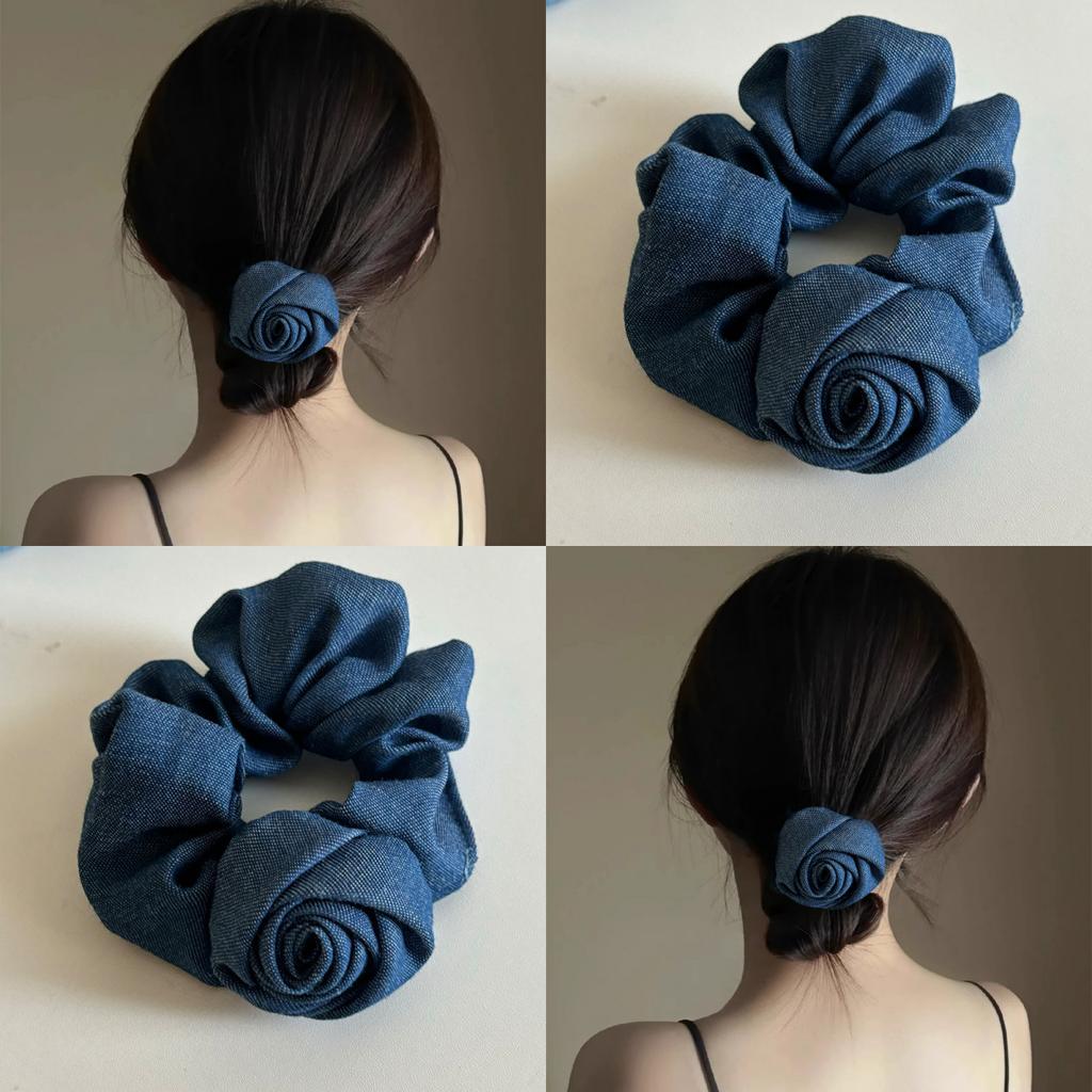 Korean Blue Denim Flower Hair Rope Solid Color Hair Tie Elastic Hairband Elegant Ponytail Holder Rubber Girls Hair Accessories