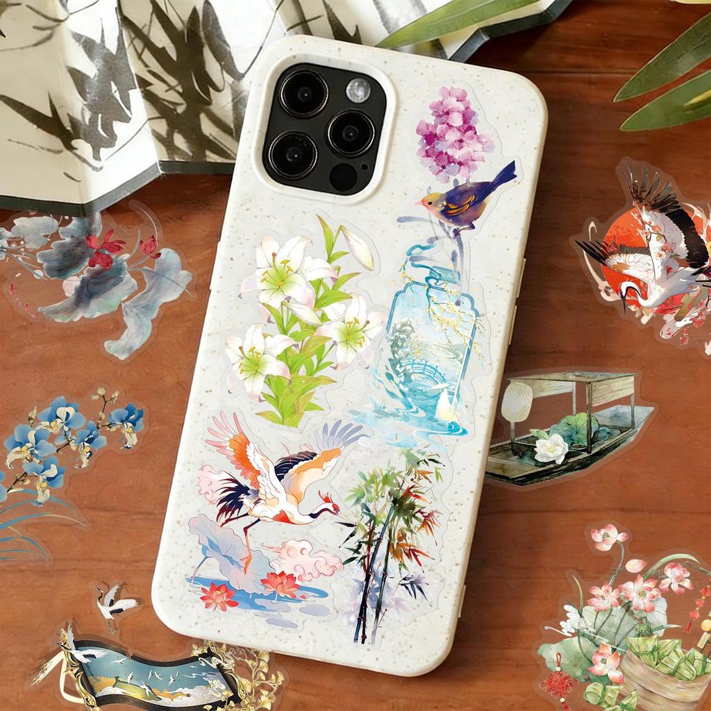 50 Chinese Ancient Style HD PET Waterproof Stickers: Journal Decor & Phone Case DIY Transparent Sheets