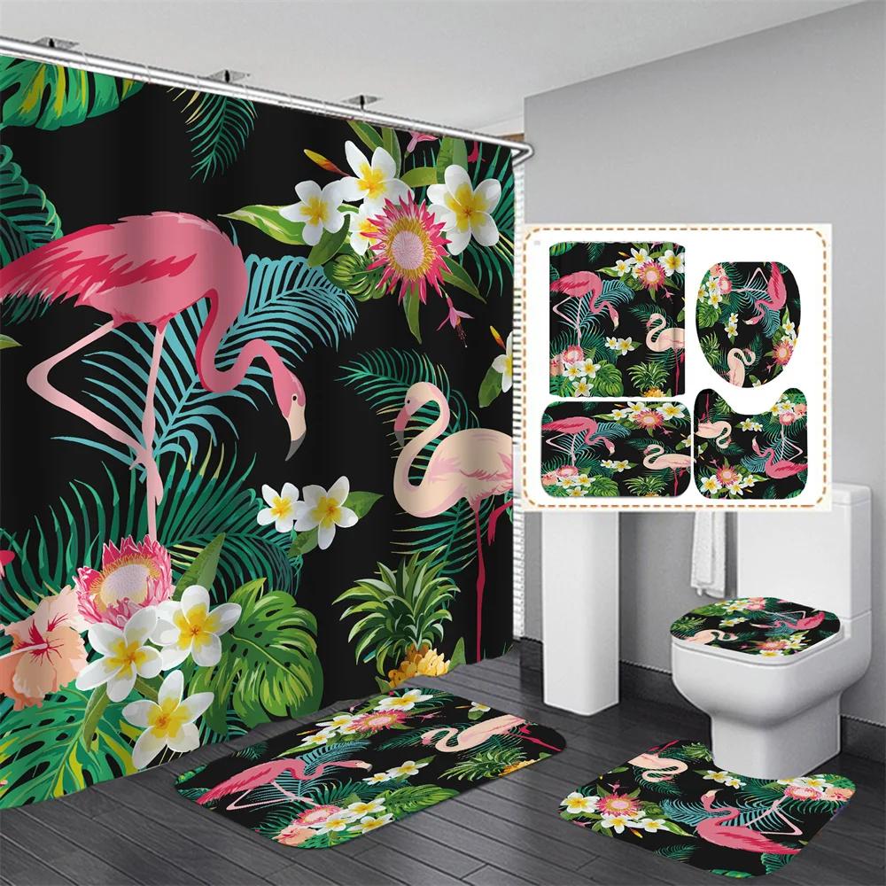 Pink Flamingo Tropical Leaves 3D Hd Shower Curtain Set Waterproof Polyester Bathroom Shower Curtain Set With Mat Non-Slip Rugs